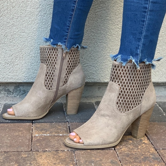 Taupe Peep Toe Perforated Laser Cut Ankle Bootie - Picture 5 of 8